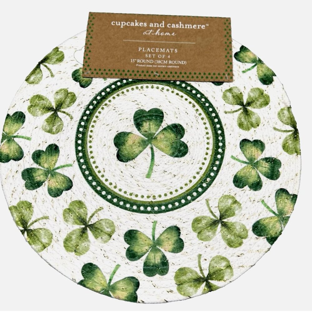 x4 Cupcakes & Cashmere Green Gold Shamrock Placemat Set Woven 15" St Patrick Day